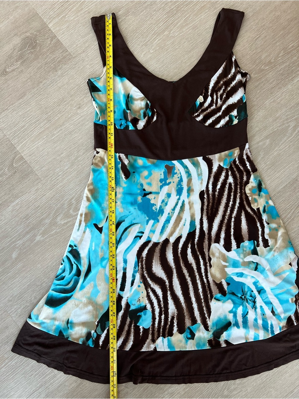 Y2K Lionkel Paris Sleeveless V-Neck Brown and Turquoise Printed Mini Dress - Picture 4 of 6